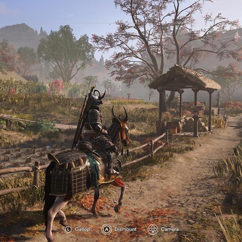 Assassin's Creed Shadows gameplay: samurai on horseback in a vibrant feudal Japan landscape.