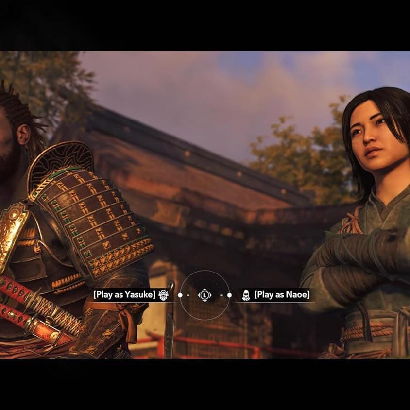 Assassin's Creed Shadows gameplay showing two characters, Yasuke and Naoe, with character selection options.