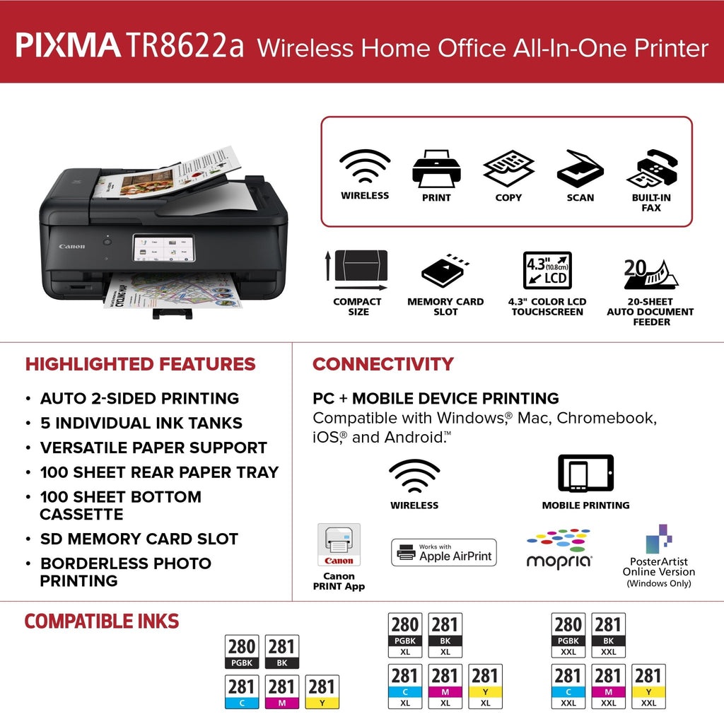 PIXMA Tr8622A Printer, Scanner, Copier All-In-One, Wireless Color Inkjet for Home Office Use - FMT store