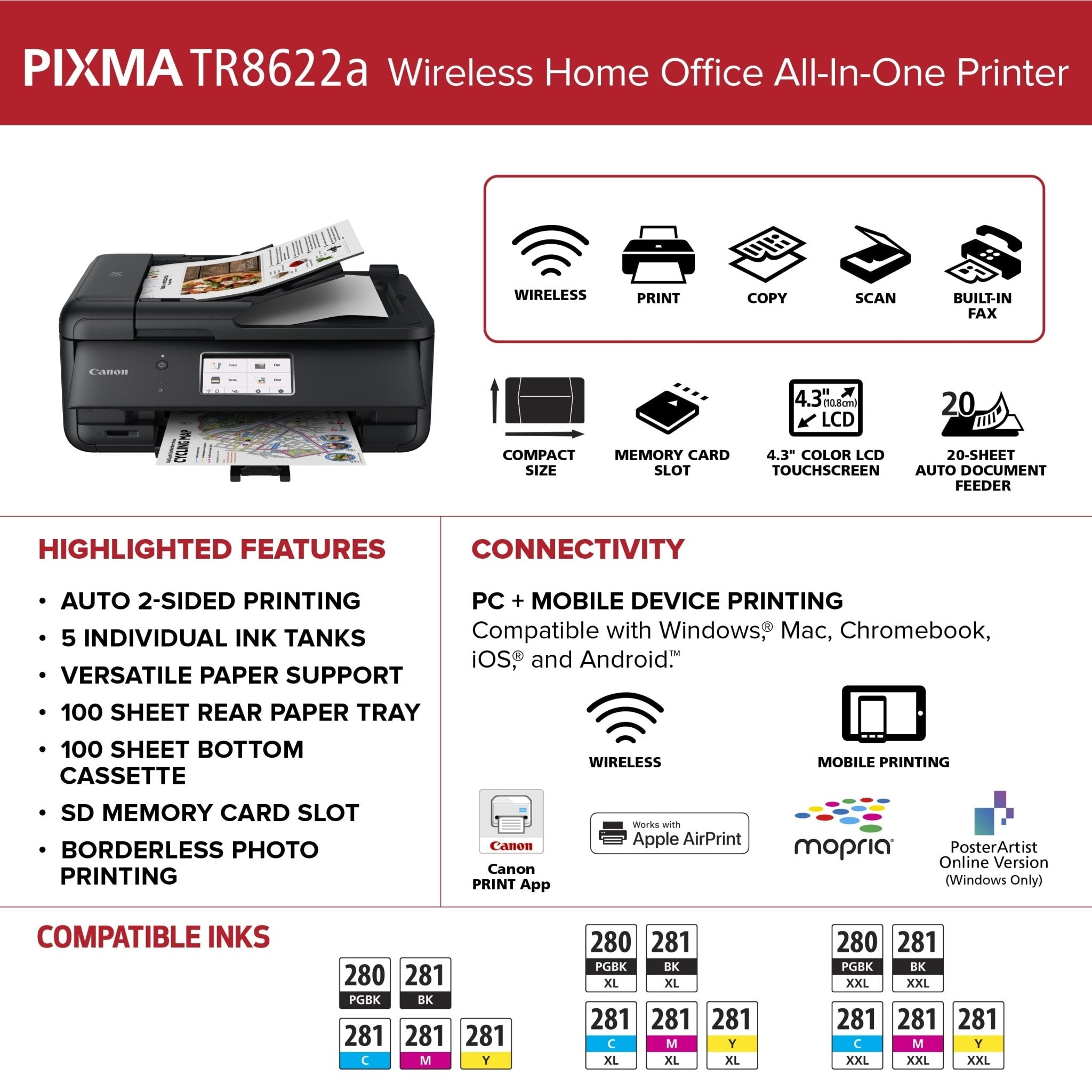 PIXMA Tr8622A Printer, Scanner, Copier All-In-One, Wireless Color Inkjet for Home Office Use - FMT store