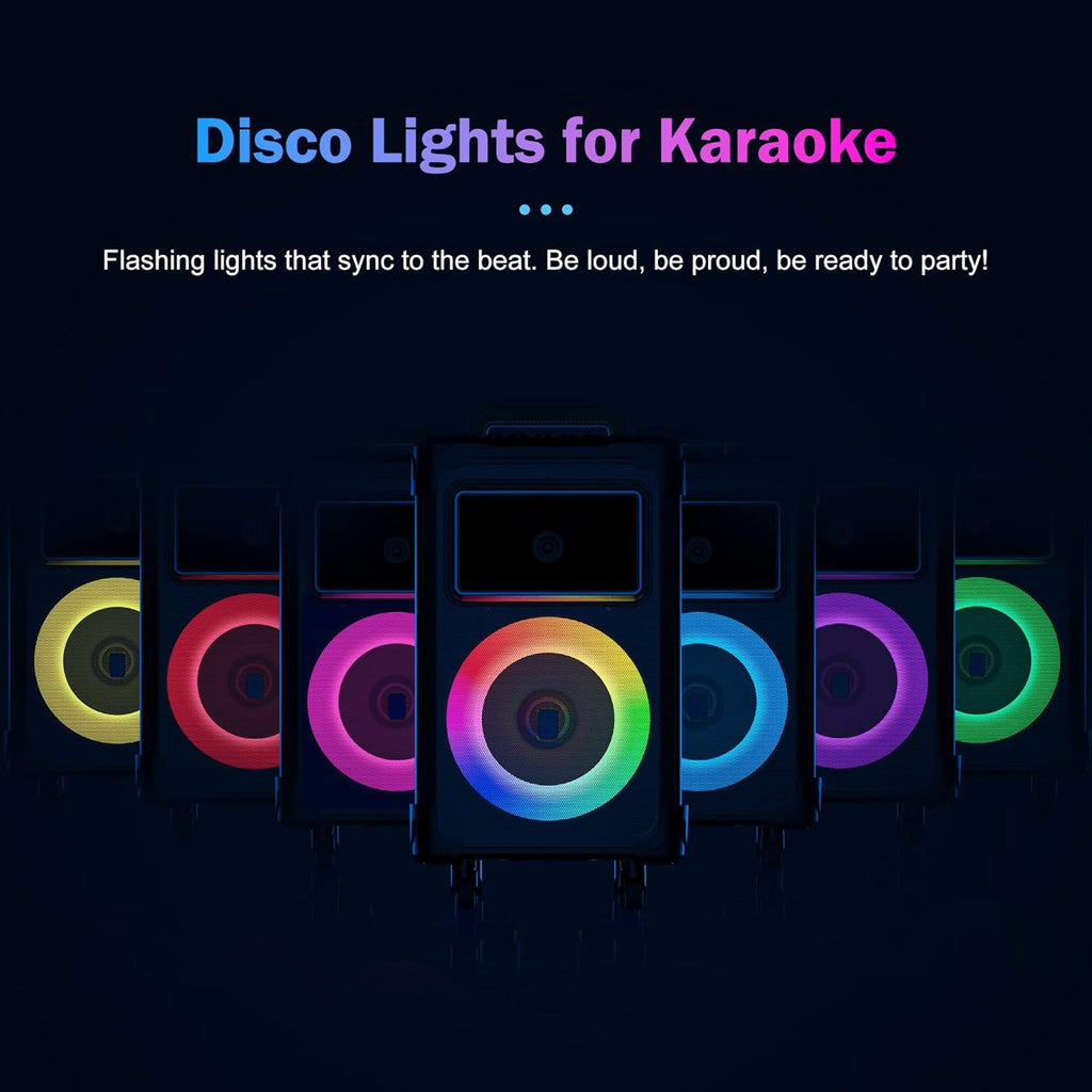 Karaoke Machine with 2 Wireless Mics, 10" Woofer 500W Peak Power Big Portable Bluetooth Speaker with Bass/Treble Adjustment, PA System with Remote Control, LED Lights, Rolling Wheels and Trolley - FMT store