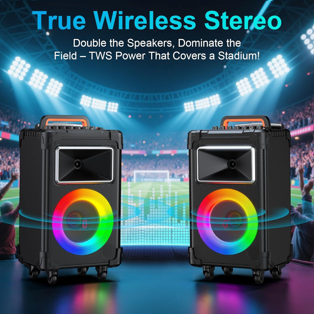 Karaoke Machine with 2 Wireless Mics, 10" Woofer 500W Peak Power Big Portable Bluetooth Speaker with Bass/Treble Adjustment, PA System with Remote Control, LED Lights, Rolling Wheels and Trolley - FMT store