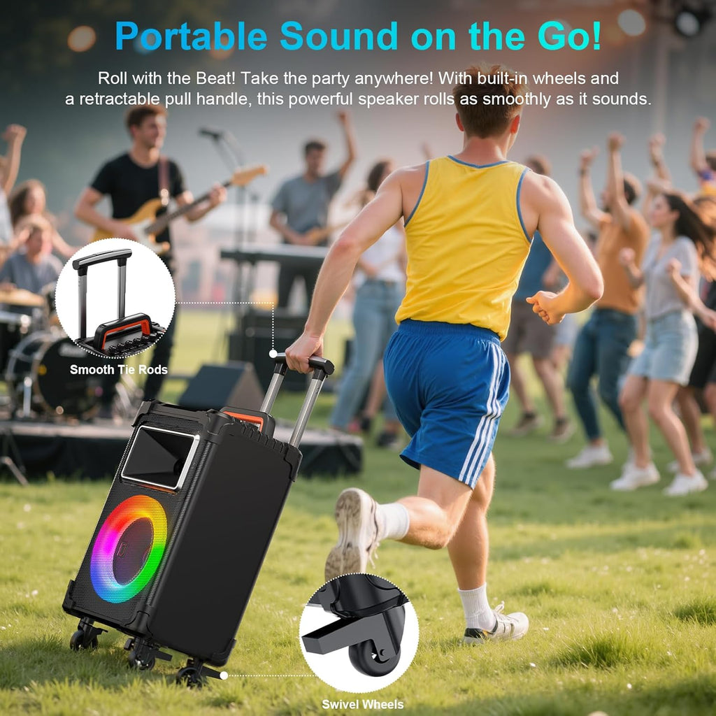 Karaoke Machine with 2 Wireless Mics, 10" Woofer 500W Peak Power Big Portable Bluetooth Speaker with Bass/Treble Adjustment, PA System with Remote Control, LED Lights, Rolling Wheels and Trolley - FMT store