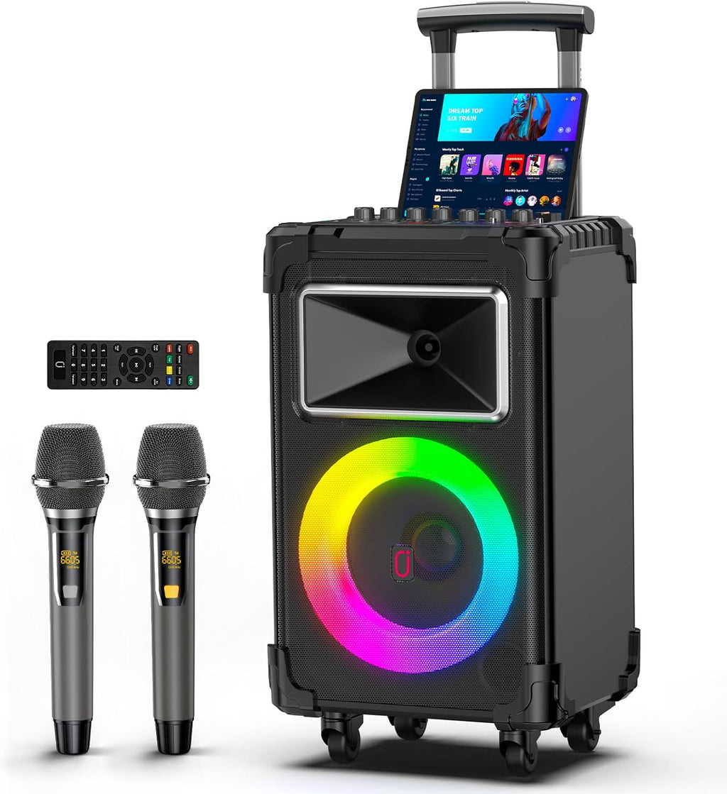 Karaoke Machine with 2 Wireless Mics, 10" Woofer 500W Peak Power Big Portable Bluetooth Speaker with Bass/Treble Adjustment, PA System with Remote Control, LED Lights, Rolling Wheels and Trolley - FMT store