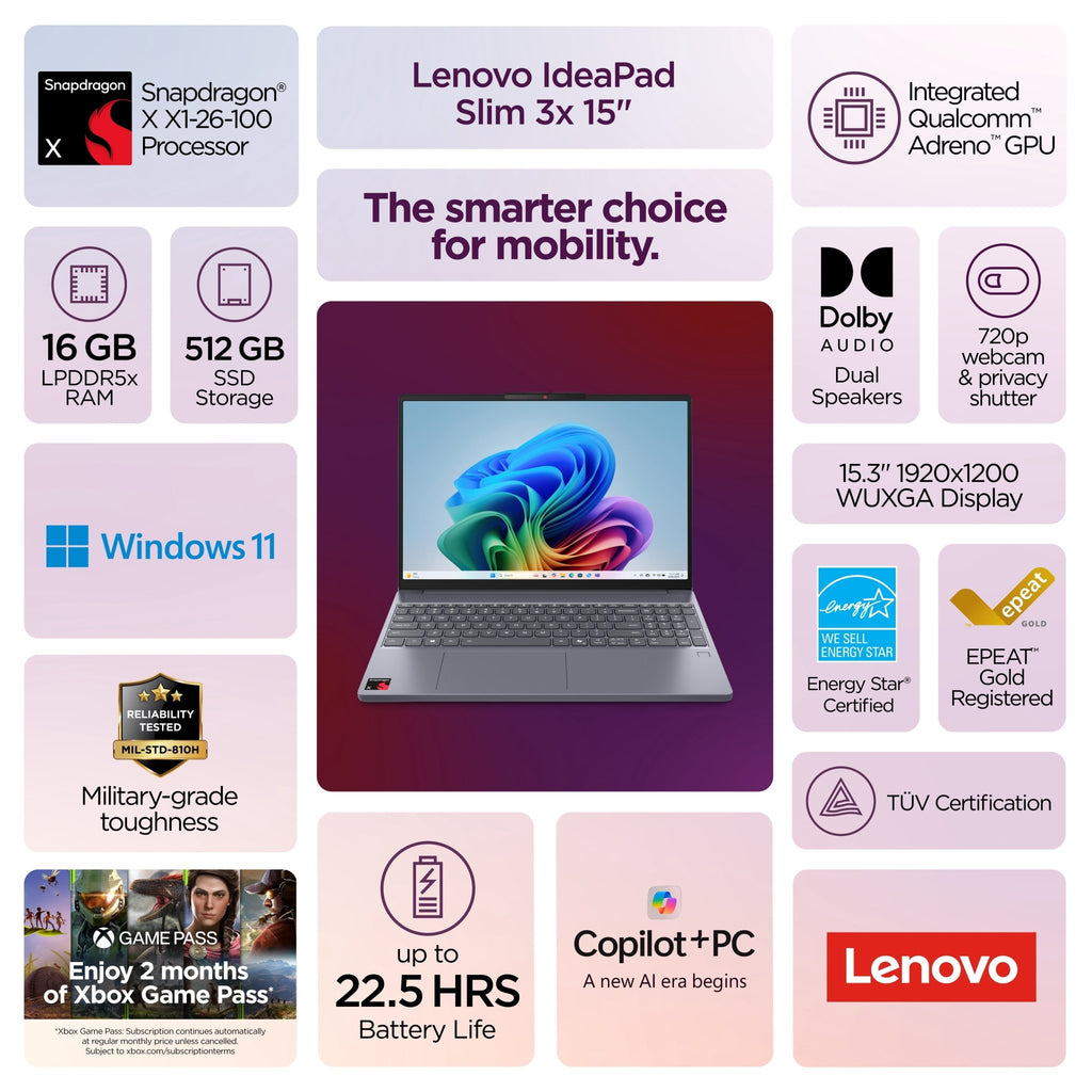Ideapad Slim 3X 15.3" Laptop AI Snapdragon X 16GB 512GB SSD Luna Grey - FMT store