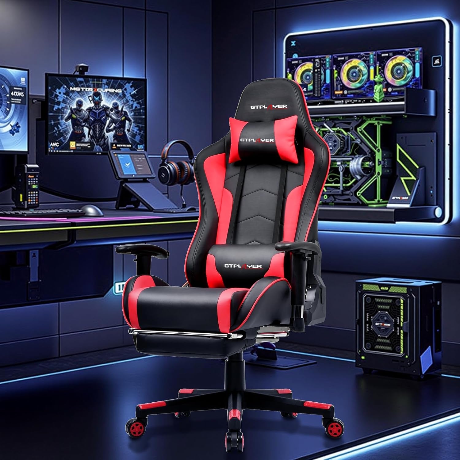 Gaming Chair with Bluetooth Speakers, Adjustable Backrest and Height, 3D Armrests, Footrest, Ergonomic Computer Chair for Gamers (Brick Red) - FMT store