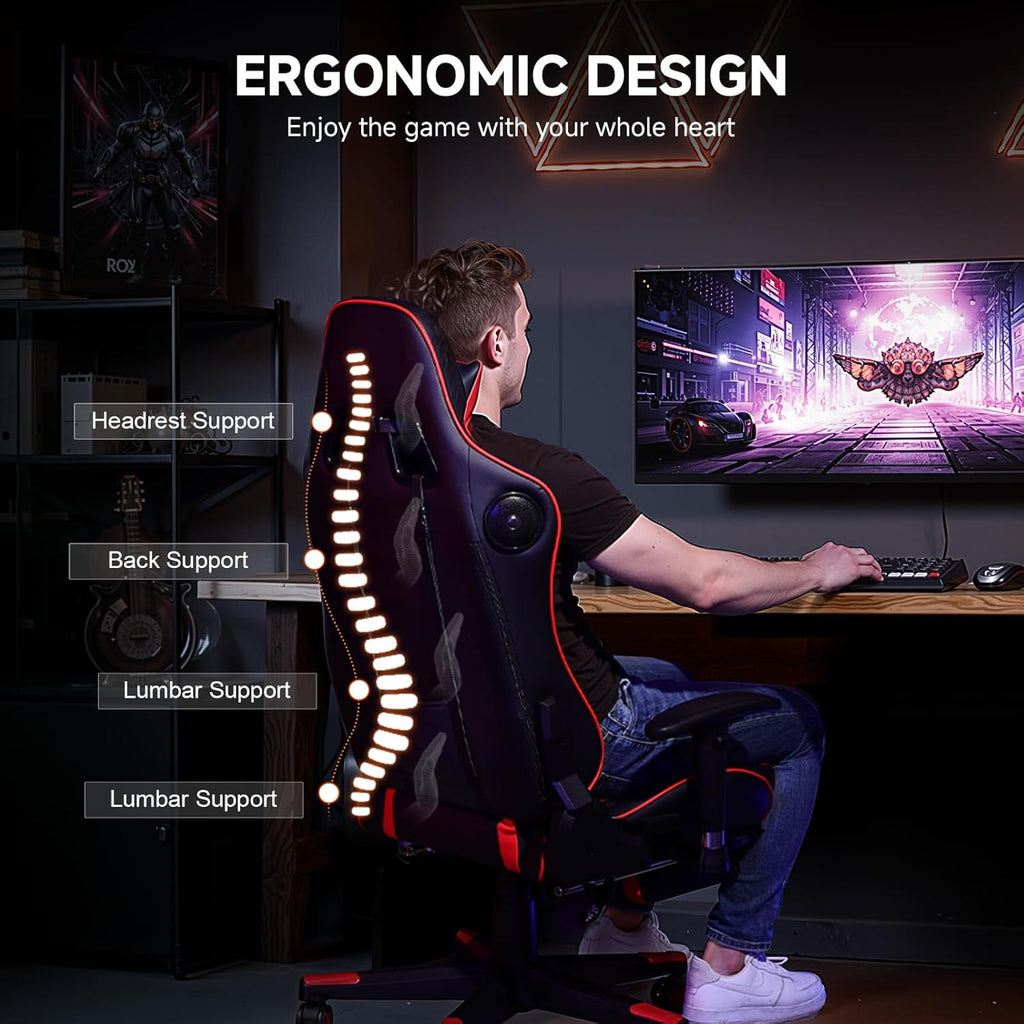 Gaming Chair with Bluetooth Speakers, Adjustable Backrest and Height, 3D Armrests, Footrest, Ergonomic Computer Chair for Gamers (Brick Red) - FMT store