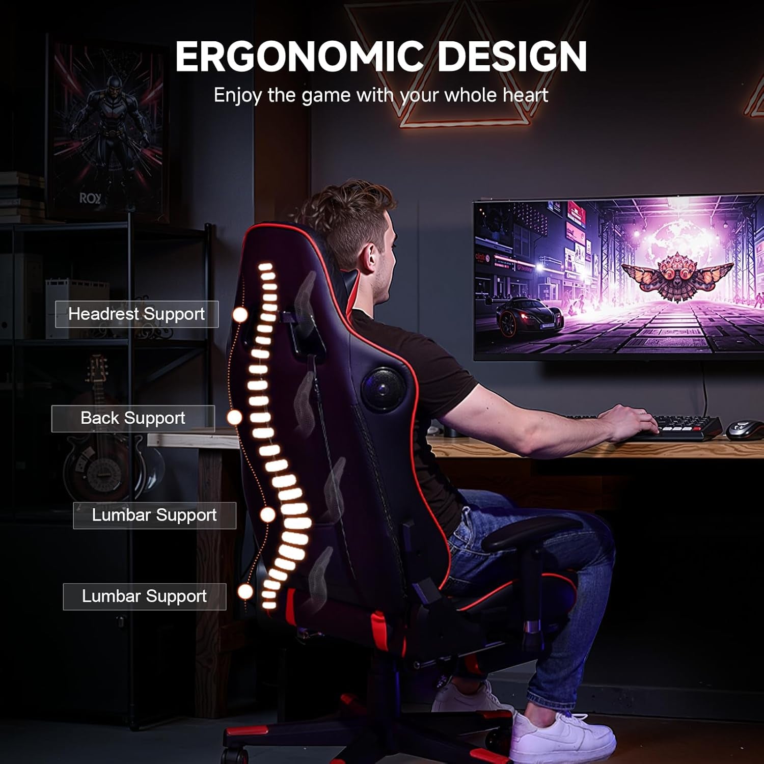 Gaming Chair with Bluetooth Speakers, Adjustable Backrest and Height, 3D Armrests, Footrest, Ergonomic Computer Chair for Gamers (Brick Red) - FMT store