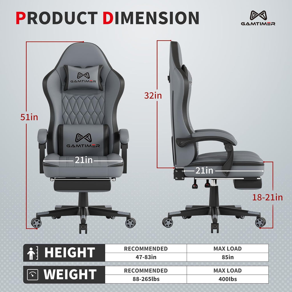 Ultimate Grey Gaming Chair with Footrest - Ergonomic PU Leather Computer Chair for Adults with Headrest and Lumbar Support - FMT store