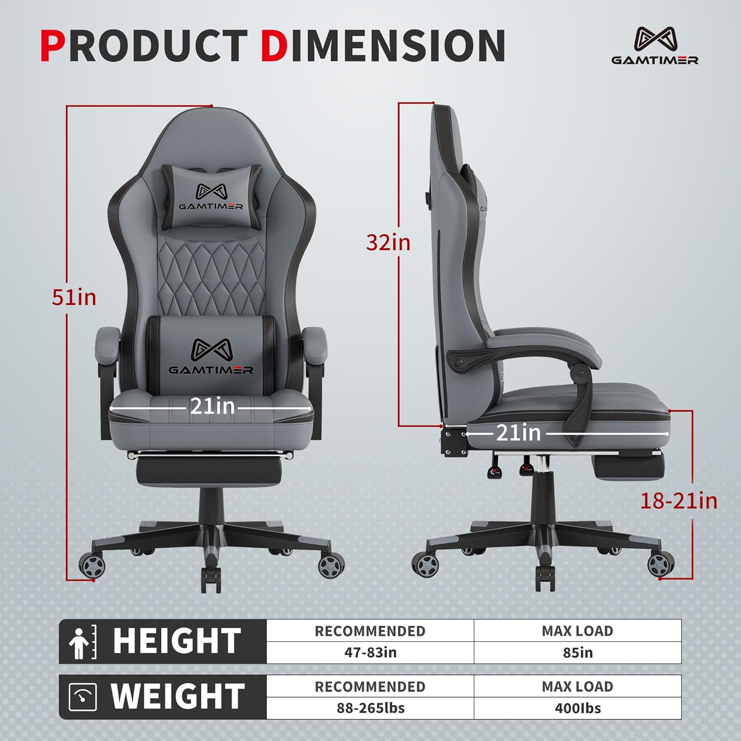 Ultimate Grey Gaming Chair with Footrest - Ergonomic PU Leather Computer Chair for Adults with Headrest and Lumbar Support - FMT store