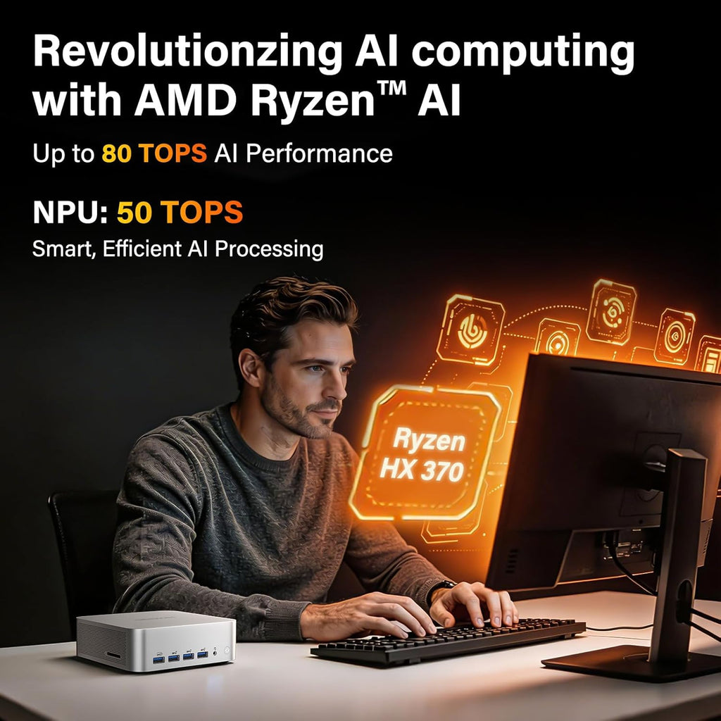 A9 Max High AI Productivity Mini PC,AMD Ryzen AI 9 HX 370(80 Tops)|Ddr5|1Tb SSD+32GB Ram|Copilot+ Pc|Win 11 Pro|Wifi 7|BT 5.4|USB4.0|HDMI 2.1|8K Video Editing|For Business&Gaming＆3D Rendering - FMT store