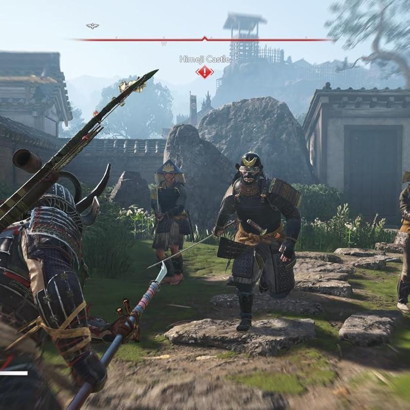 Assassin's Creed Shadows gameplay on Nintendo Switch 2, showing samurai in feudal Japan with Himeji Castle in background.