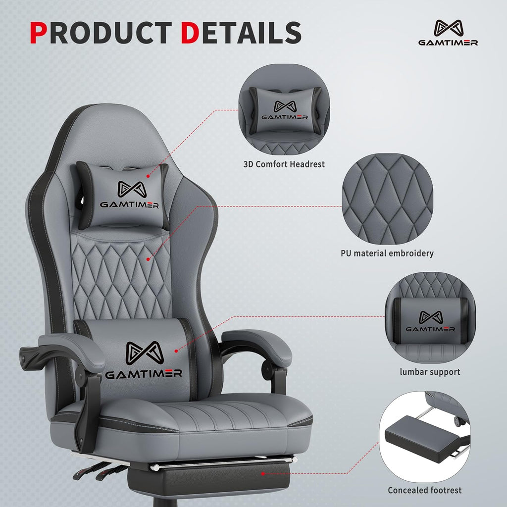 Ultimate Grey Gaming Chair with Footrest - Ergonomic PU Leather Computer Chair for Adults with Headrest and Lumbar Support - FMT store