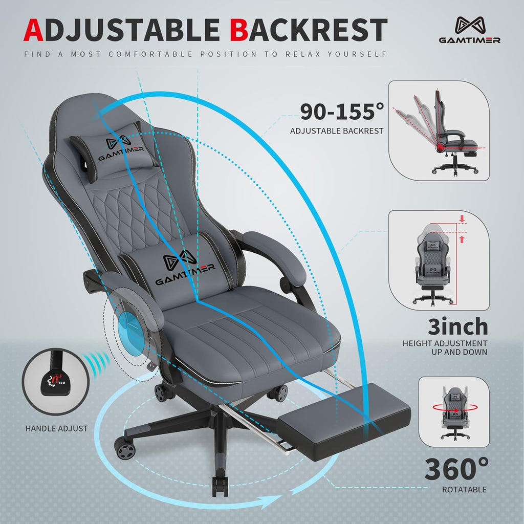 Ultimate Grey Gaming Chair with Footrest - Ergonomic PU Leather Computer Chair for Adults with Headrest and Lumbar Support - FMT store