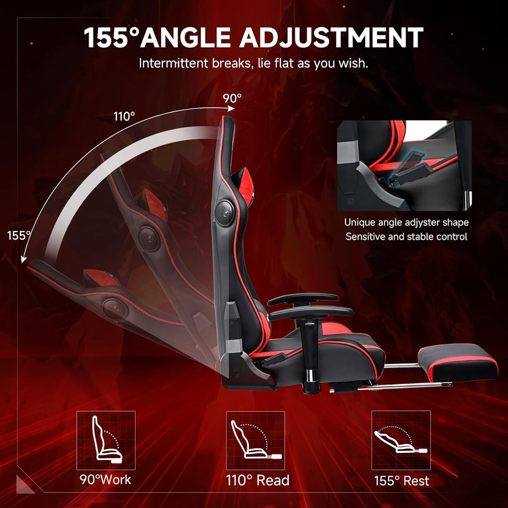 Gaming Chair with Bluetooth Speakers, Adjustable Backrest and Height, 3D Armrests, Footrest, Ergonomic Computer Chair for Gamers (Brick Red) - FMT store