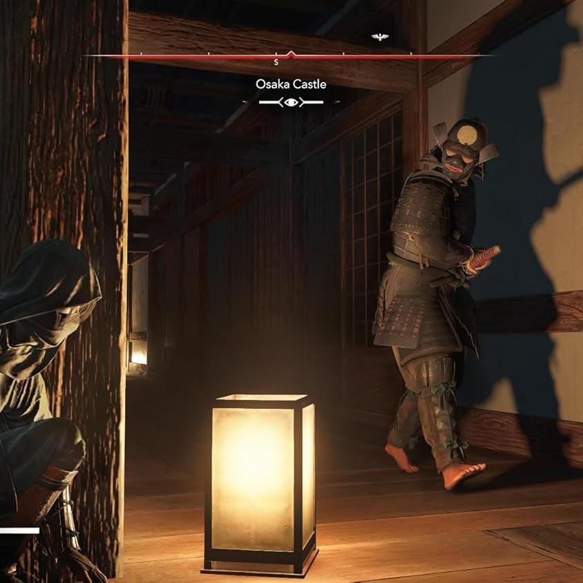 Assassin's Creed Shadows gameplay: shinobi assassin stealthily observing a samurai in a Japanese castle.