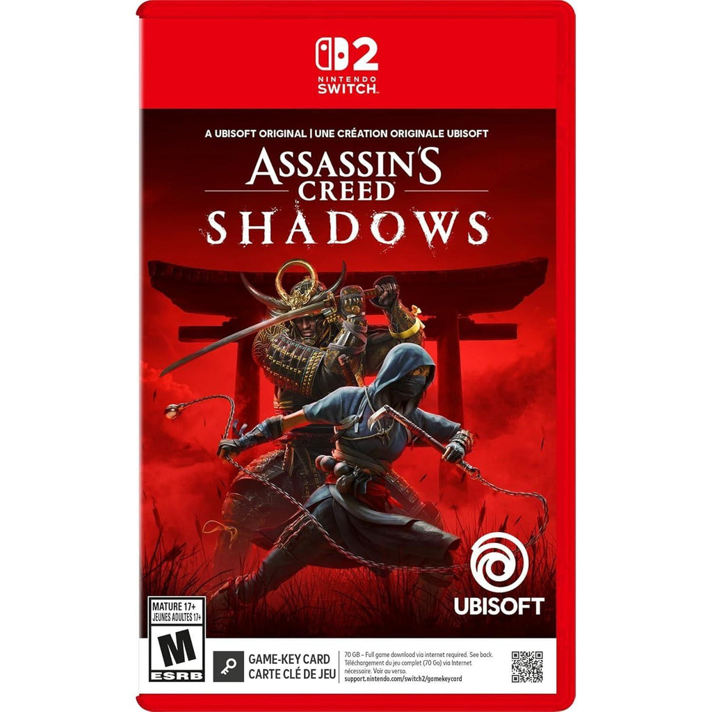 Assassin's Creed Shadows Nintendo Switch 2 game case with samurai and shinobi characters on a red background.