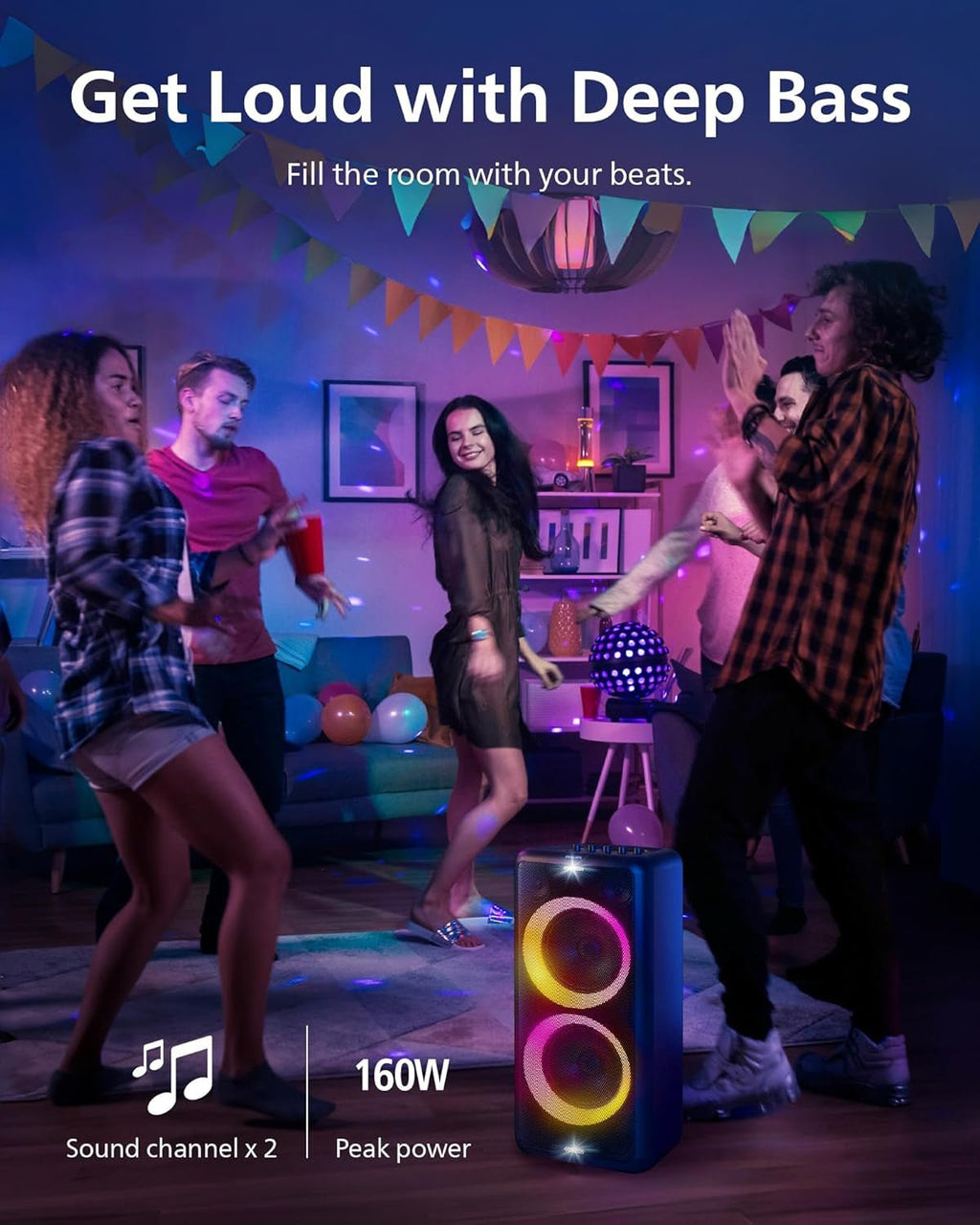 Philips X5206 Bluetooth Party Speaker - 14 Hours Play Time, Deep Bass, Party Lights, Karaoke Effects, Mic & Guitar Input, 80W Max Power, Black - FMT store