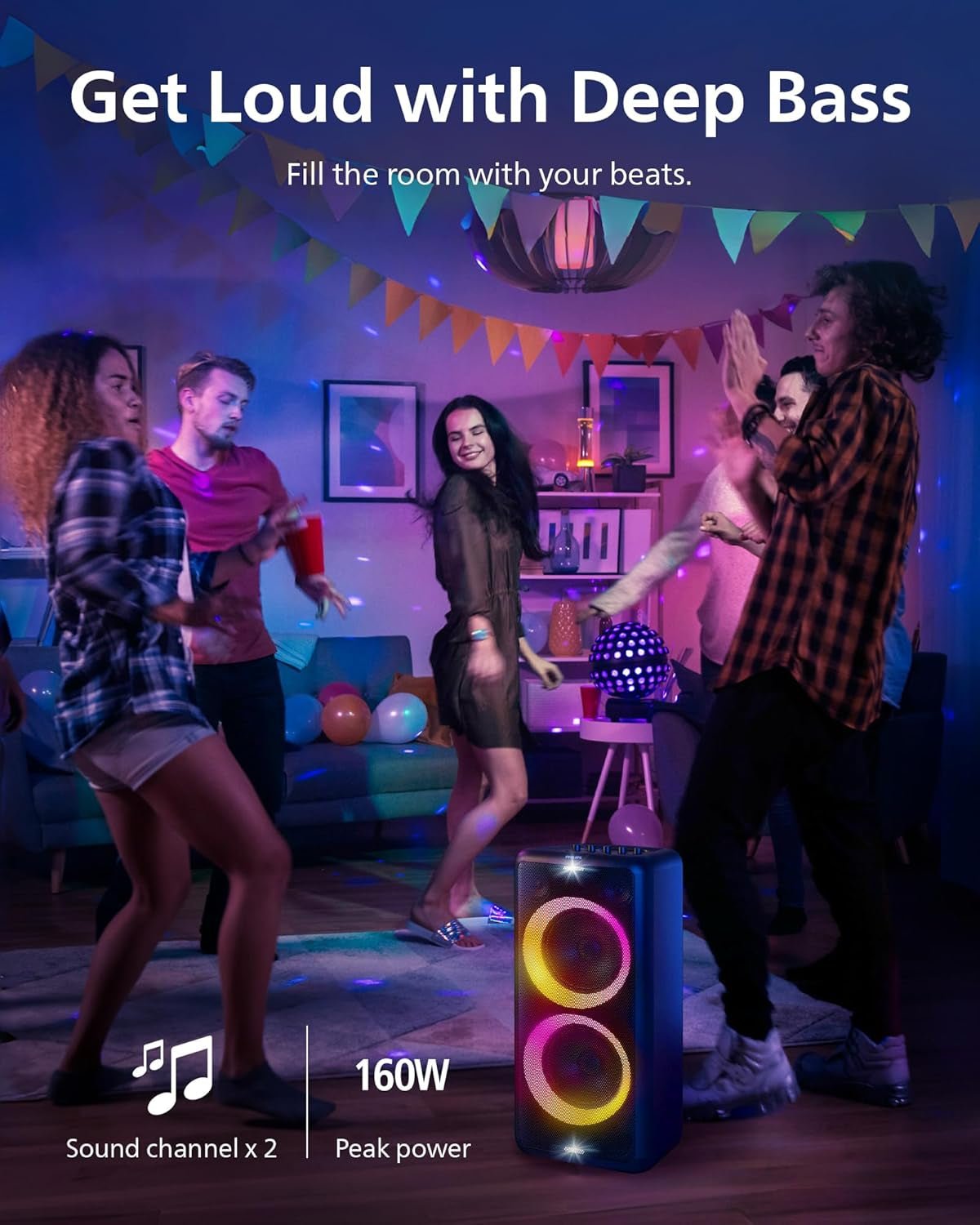 Philips X5206 Bluetooth Party Speaker - 14 Hours Play Time, Deep Bass, Party Lights, Karaoke Effects, Mic & Guitar Input, 80W Max Power, Black - FMT store