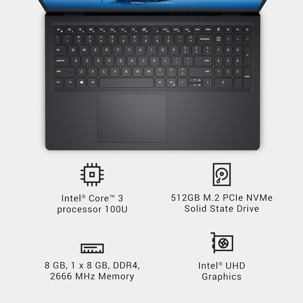 15.6" FHD 120Hz Laptop, Intel Core 3 100U, 8GB RAM, 512GB SSD, Windows 11, Onsite Service - Carbon Black - FMT store