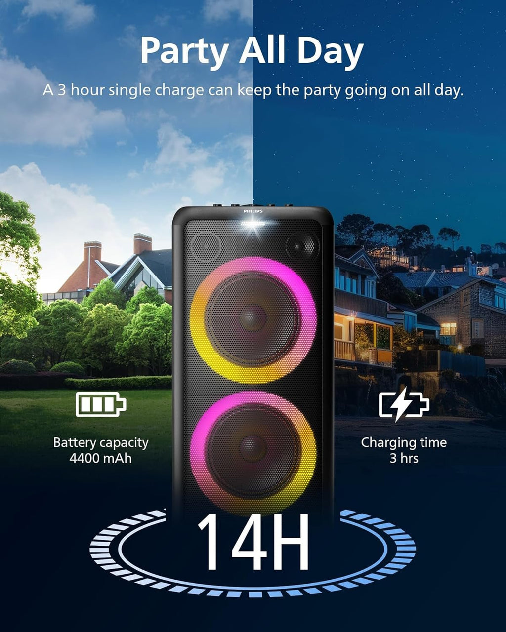Philips X5206 Bluetooth Party Speaker - 14 Hours Play Time, Deep Bass, Party Lights, Karaoke Effects, Mic & Guitar Input, 80W Max Power, Black - FMT store
