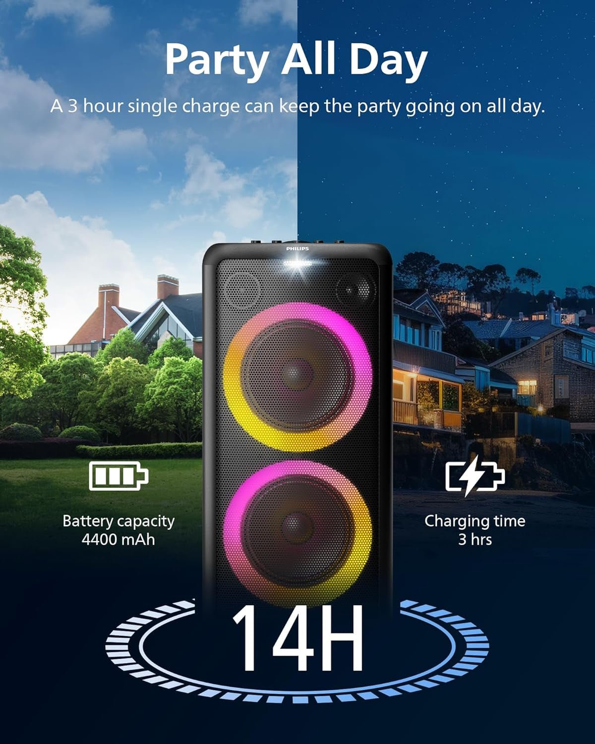 Philips X5206 Bluetooth Party Speaker - 14 Hours Play Time, Deep Bass, Party Lights, Karaoke Effects, Mic & Guitar Input, 80W Max Power, Black - FMT store