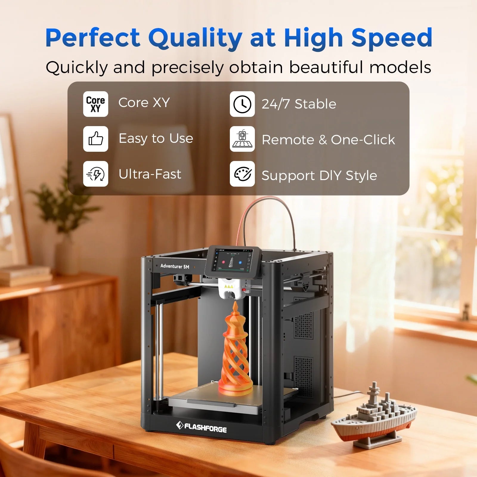 Adventurer 5M 3D Printer, Fully Auto Leveling & 600Mm/S High Speed Printing, Black - FMT store
