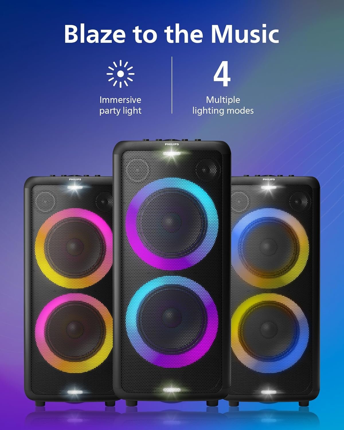 Philips X5206 Bluetooth Party Speaker - 14 Hours Play Time, Deep Bass, Party Lights, Karaoke Effects, Mic & Guitar Input, 80W Max Power, Black - FMT store