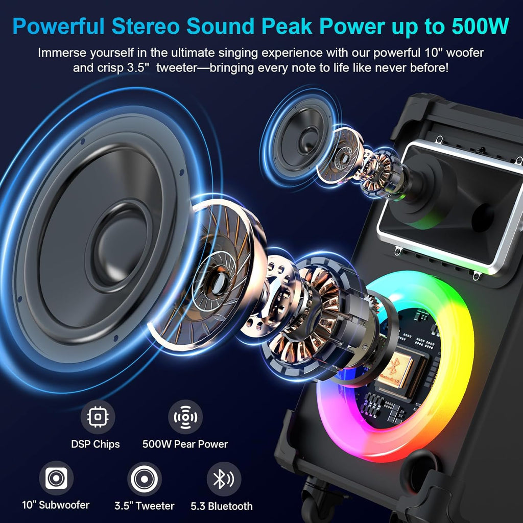 Karaoke Machine with 2 Wireless Mics, 10" Woofer 500W Peak Power Big Portable Bluetooth Speaker with Bass/Treble Adjustment, PA System with Remote Control, LED Lights, Rolling Wheels and Trolley - FMT store