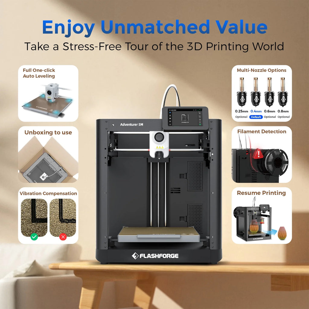 Adventurer 5M 3D Printer, Fully Auto Leveling & 600Mm/S High Speed Printing, Black - FMT store