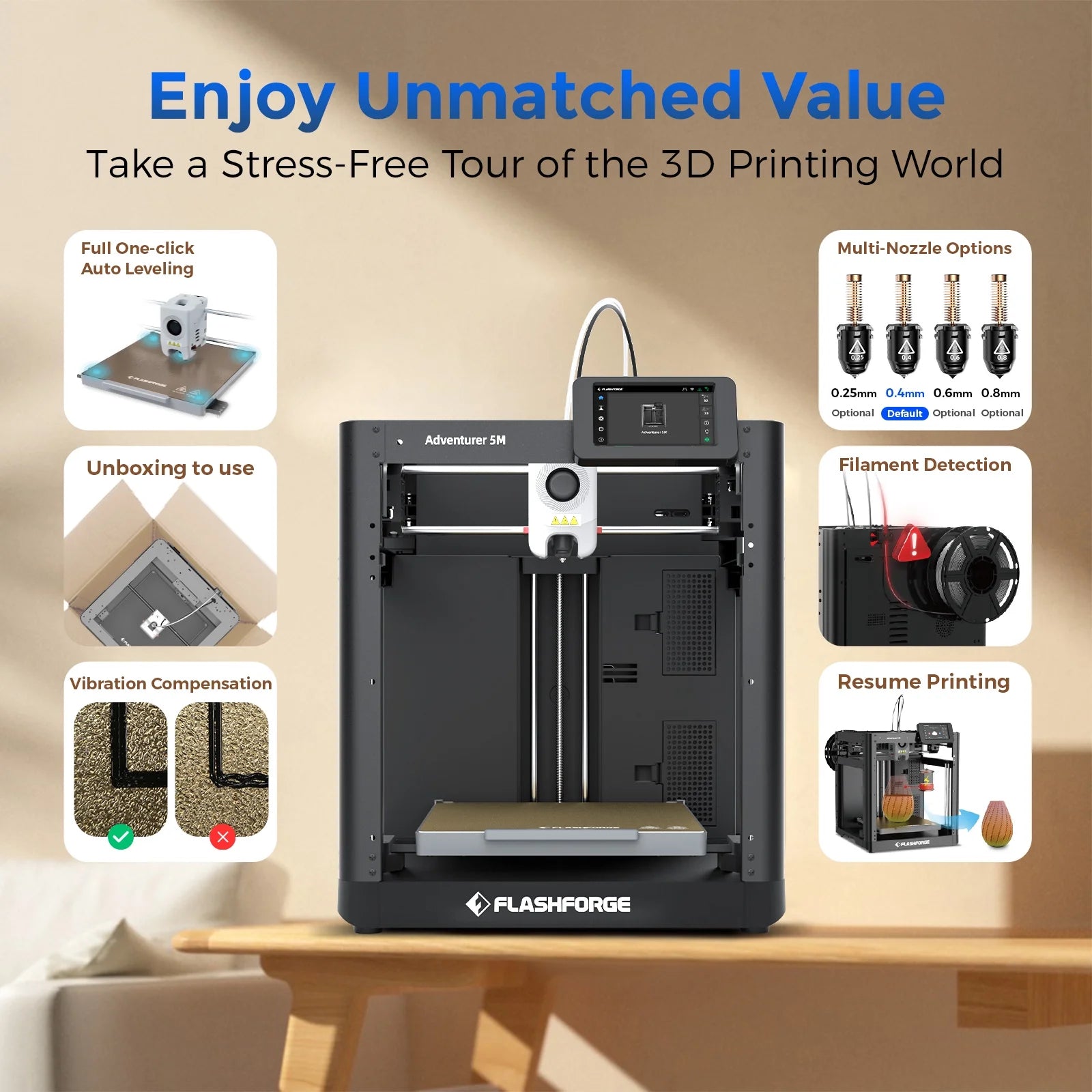 Adventurer 5M 3D Printer, Fully Auto Leveling & 600Mm/S High Speed Printing, Black - FMT store